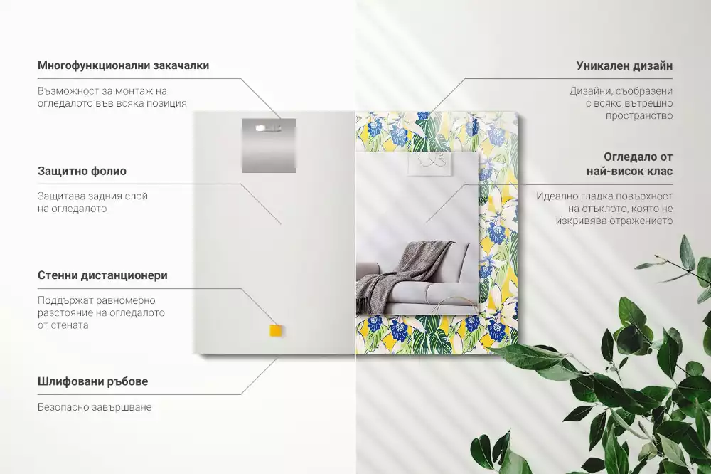 Miroir avec imprimé rectangulaire Fleurs et feuilles