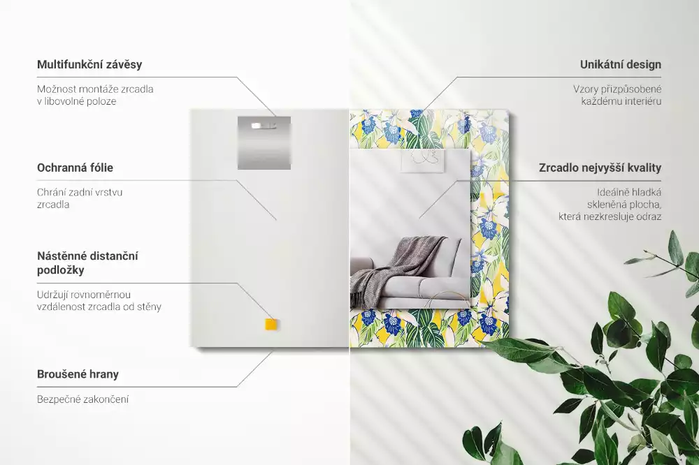 Miroir avec imprimé rectangulaire Fleurs et feuilles