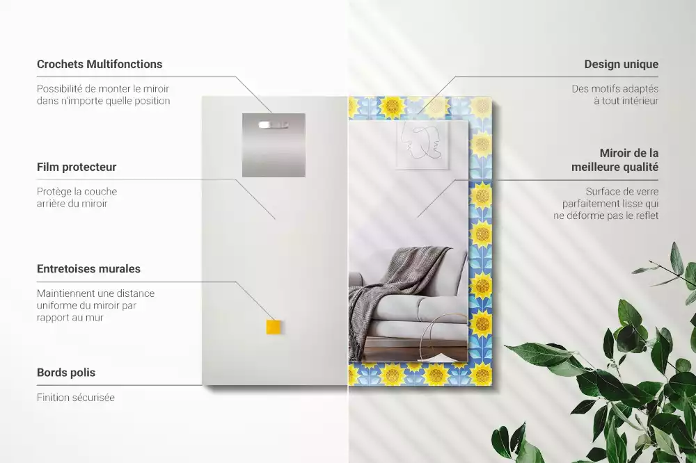 Miroir avec imprimé rectangulaire Tournesols feuilles motif