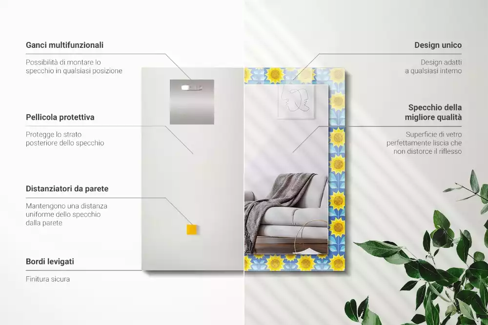 Miroir avec imprimé rectangulaire Tournesols feuilles motif