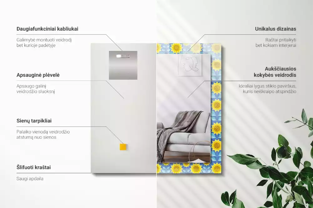 Miroir avec imprimé rectangulaire Tournesols feuilles motif