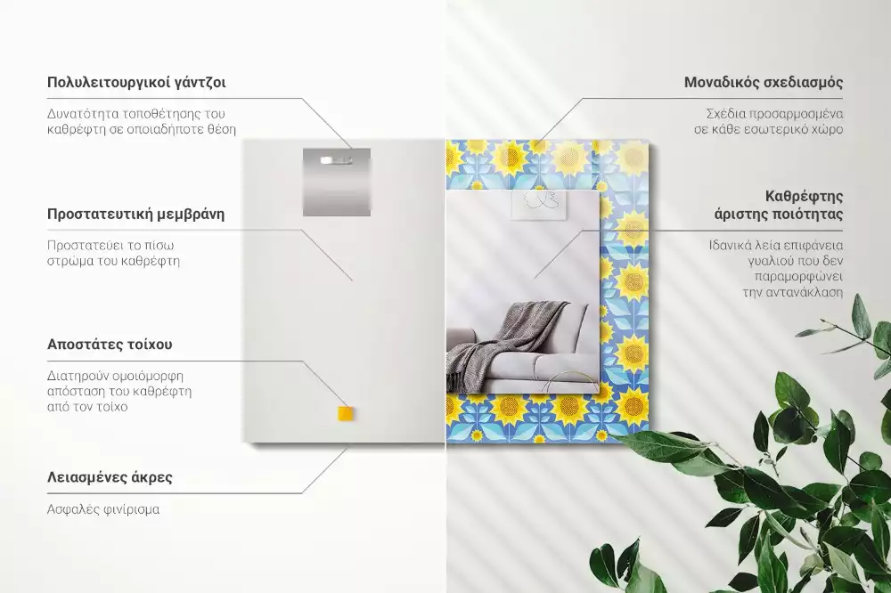 Miroir avec imprimé rectangulaire Tournesols feuilles motif