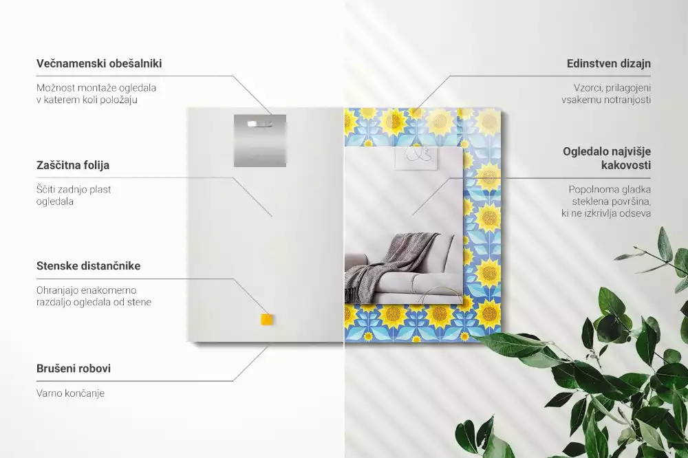 Miroir avec imprimé rectangulaire Tournesols feuilles motif
