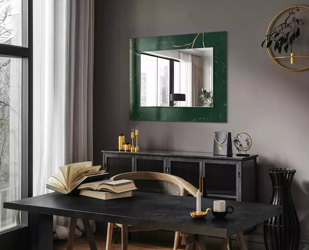 Miroir avec imprimé décoratif rectangulaire Feuilles vertes dorées