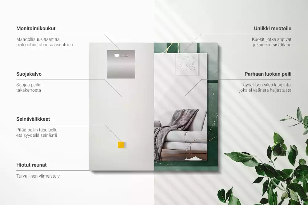 Miroir avec imprimé décoratif rectangulaire Feuilles vertes dorées