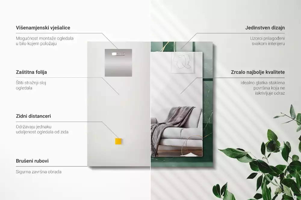 Miroir avec imprimé décoratif rectangulaire Feuilles vertes dorées