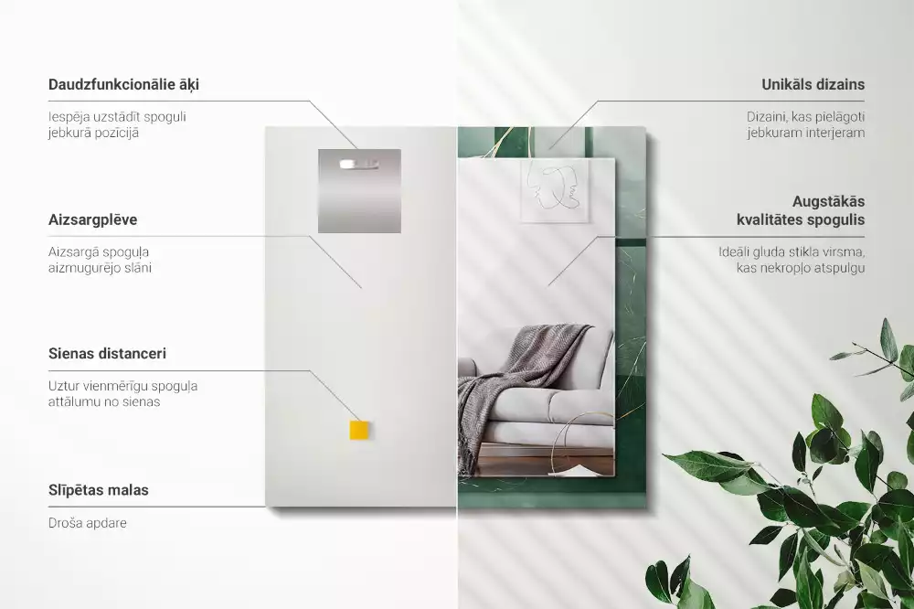 Miroir avec imprimé décoratif rectangulaire Feuilles vertes dorées