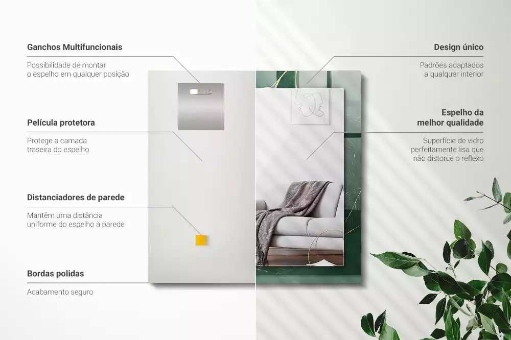 Miroir avec imprimé décoratif rectangulaire Feuilles vertes dorées