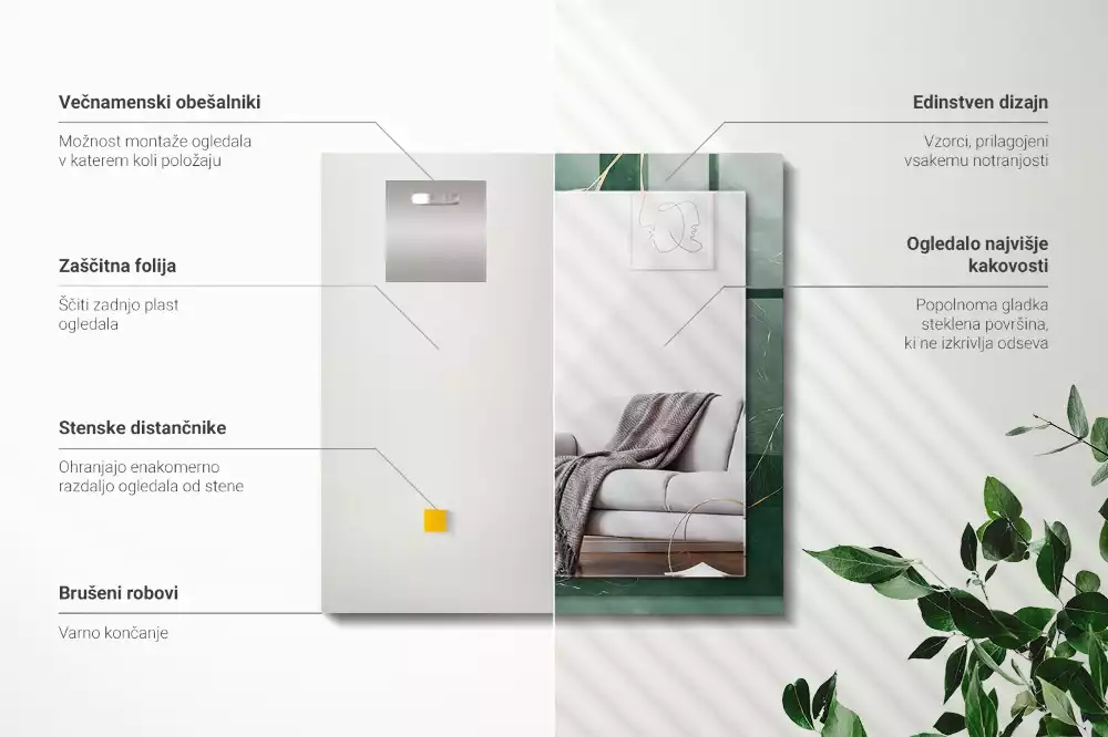 Miroir avec imprimé décoratif rectangulaire Feuilles vertes dorées