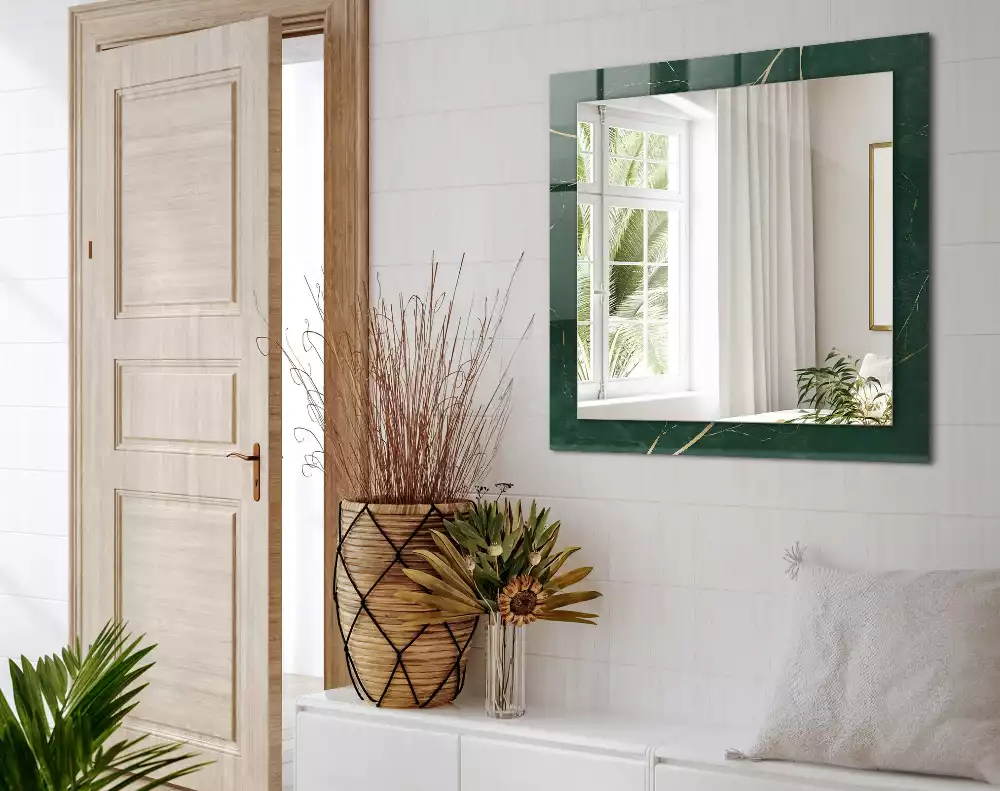 Miroir avec imprimé décoratif rectangulaire Feuilles vertes dorées