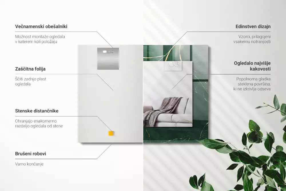 Miroir avec imprimé décoratif rectangulaire Feuilles vertes dorées