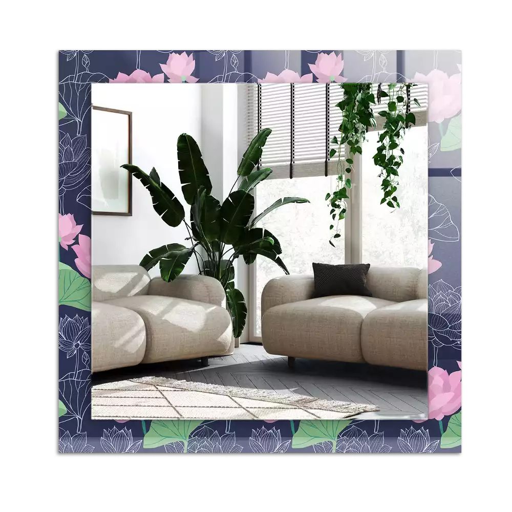 Miroir avec imprimé décoratif rectangulaire Fleurs de lotus roses