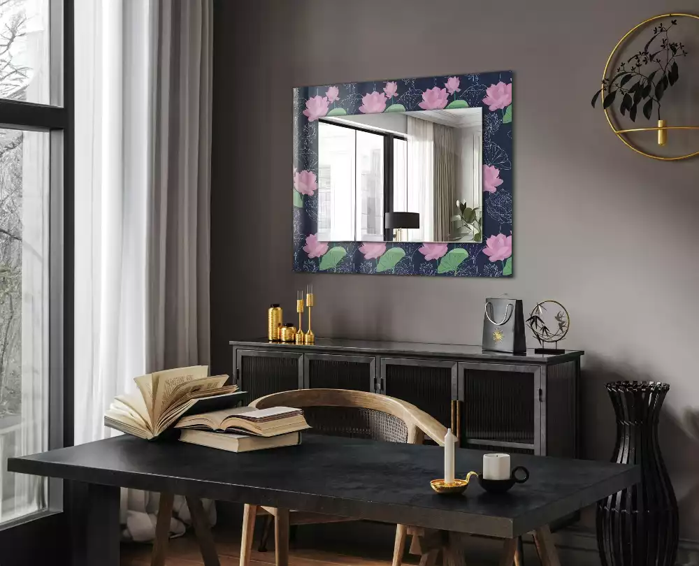 Miroir avec imprimé décoratif rectangulaire Fleurs de lotus roses