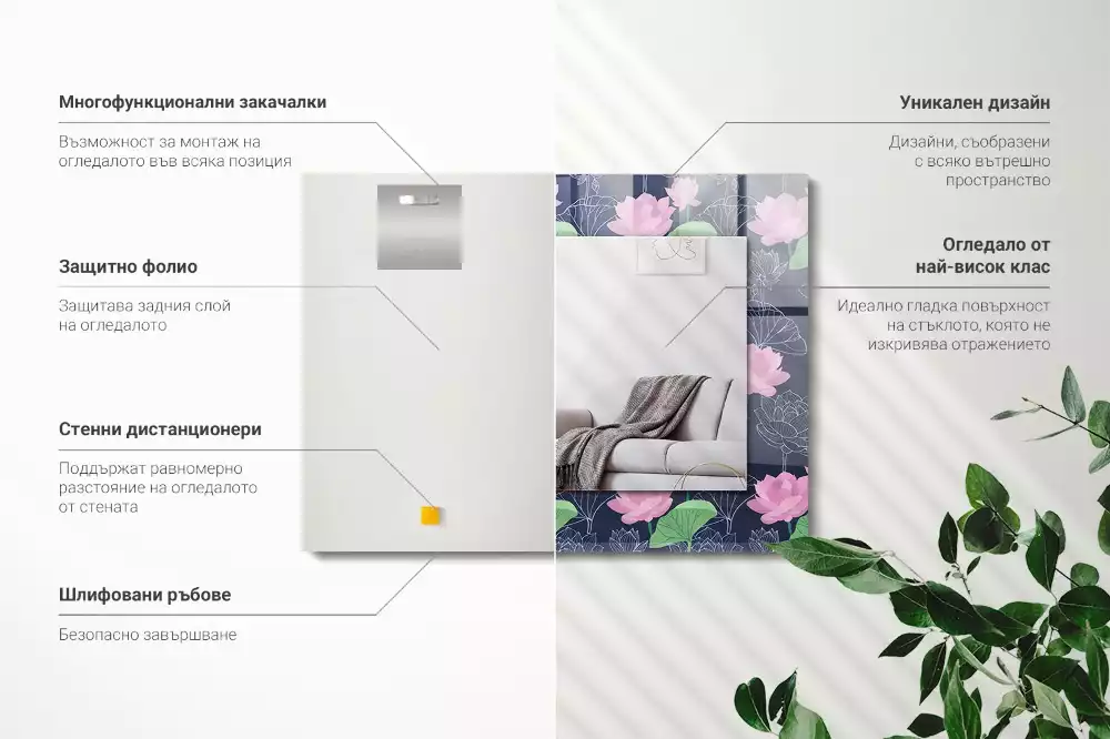 Miroir avec imprimé décoratif rectangulaire Fleurs de lotus roses