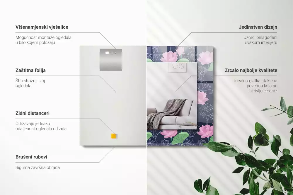 Miroir avec imprimé décoratif rectangulaire Fleurs de lotus roses