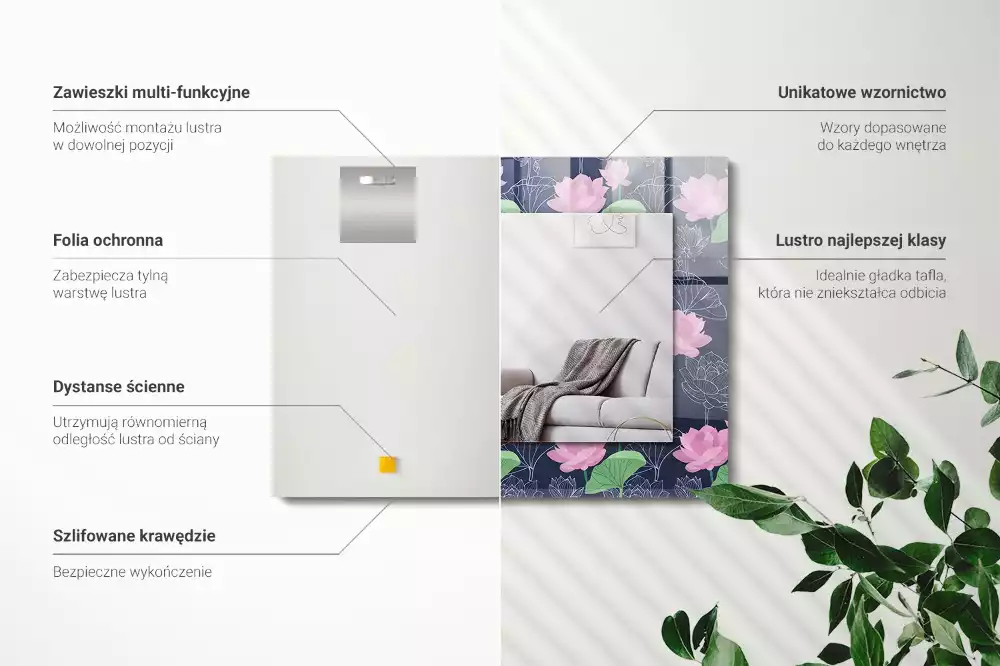 Miroir avec imprimé décoratif rectangulaire Fleurs de lotus roses