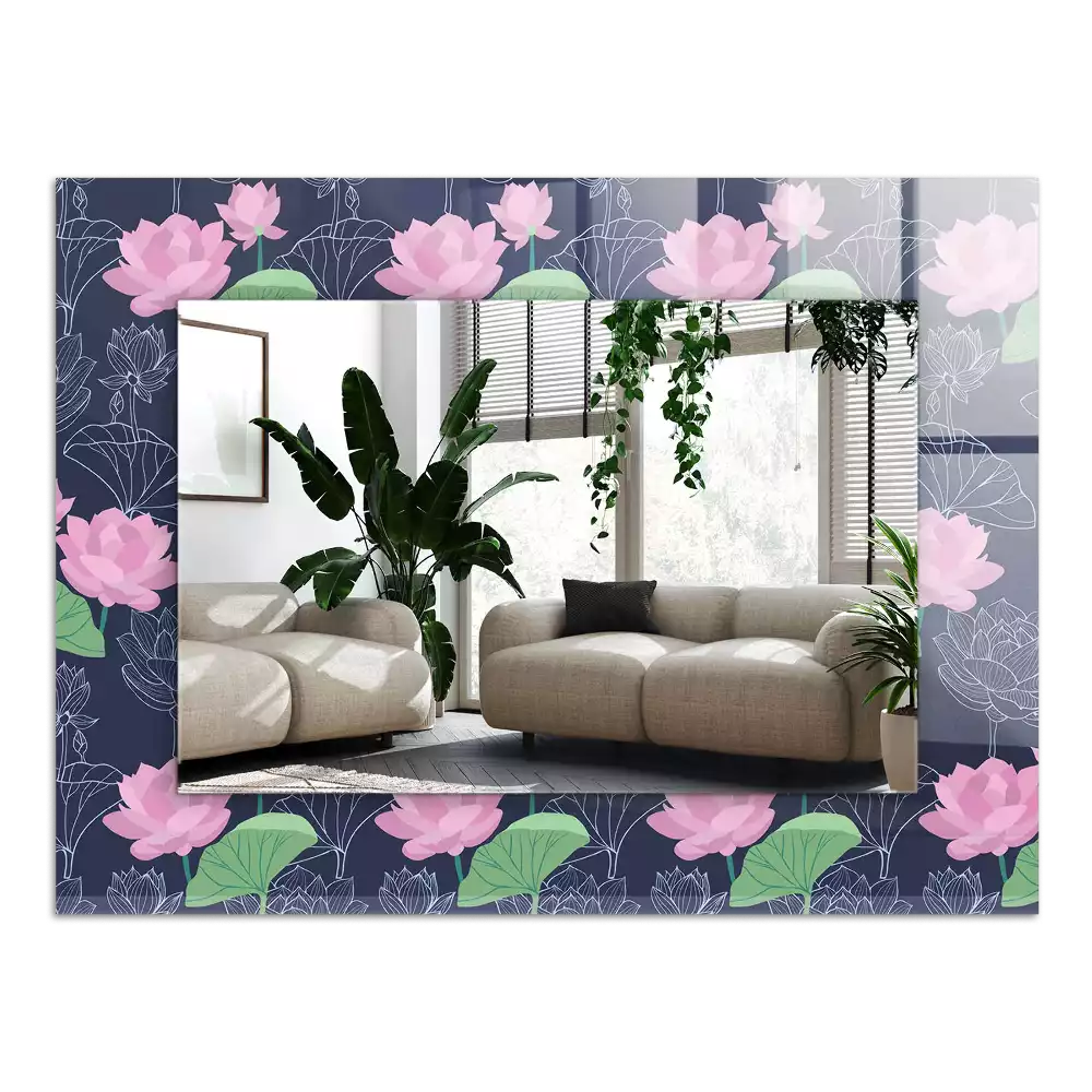Miroir avec imprimé décoratif rectangulaire Fleurs de lotus roses