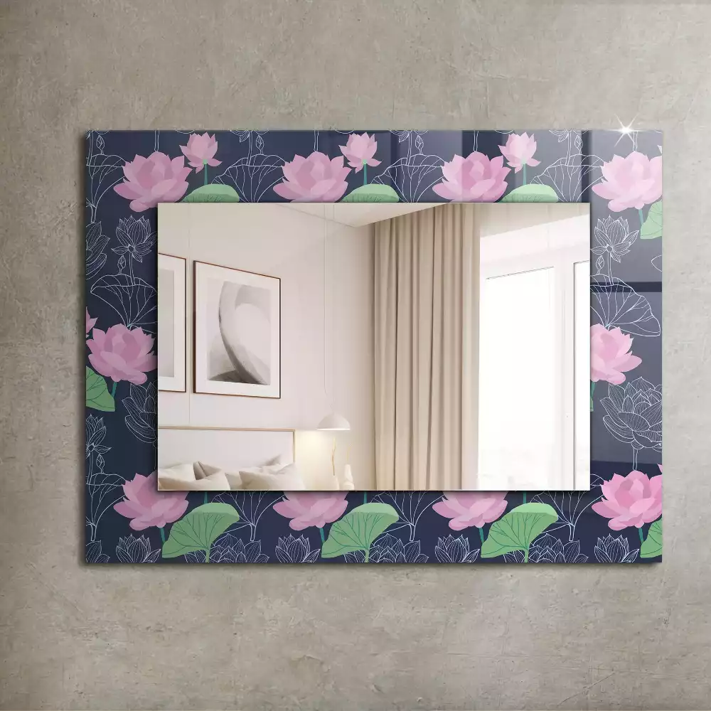 Miroir avec imprimé décoratif rectangulaire Fleurs de lotus roses
