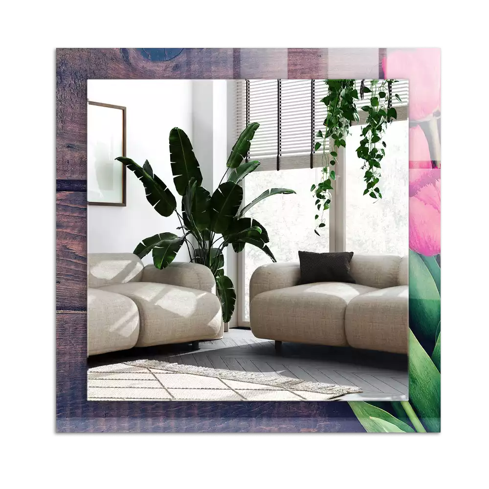 Miroir avec imprimé rectangulaire Tulipes roses bois