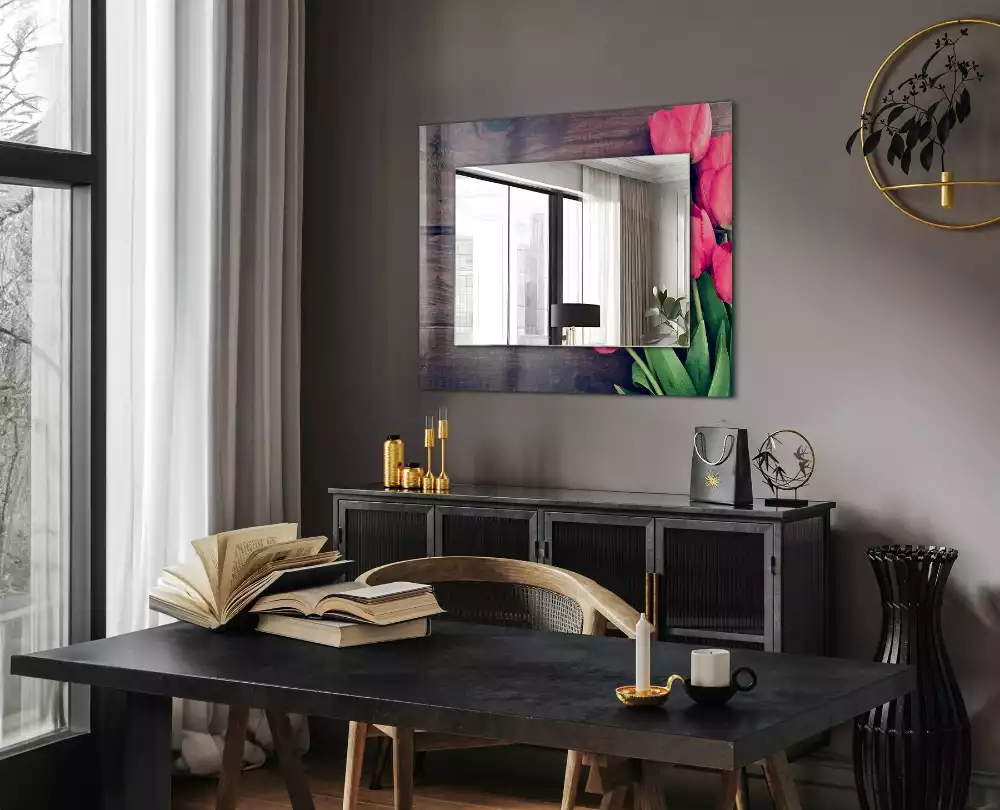 Miroir avec imprimé rectangulaire Tulipes roses bois