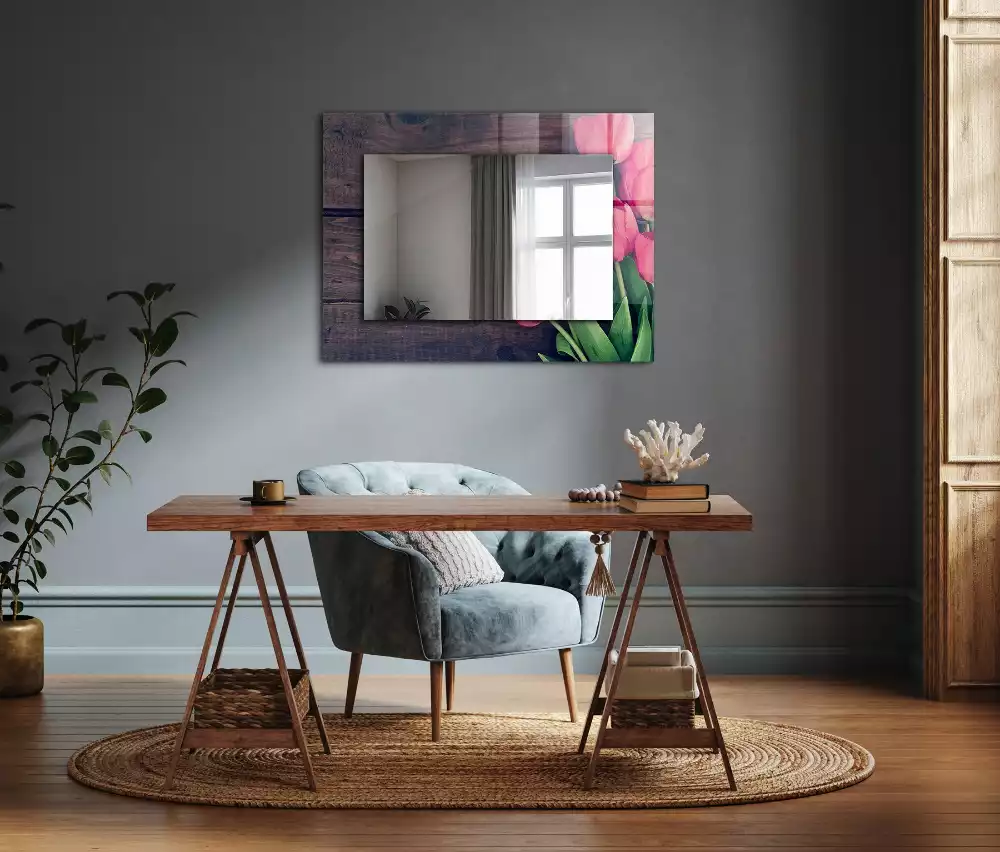 Miroir avec imprimé rectangulaire Tulipes roses bois