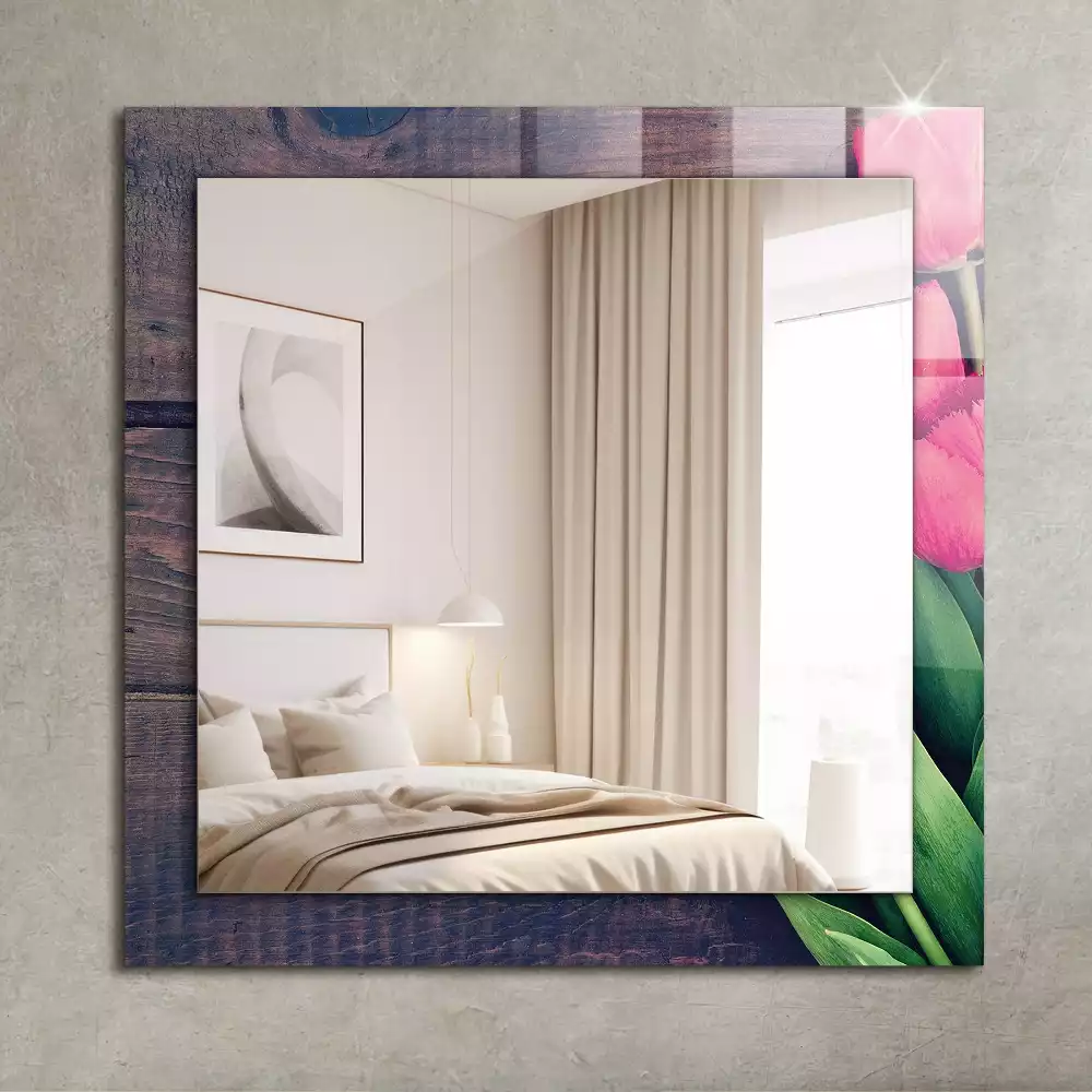 Miroir avec imprimé rectangulaire Tulipes roses bois
