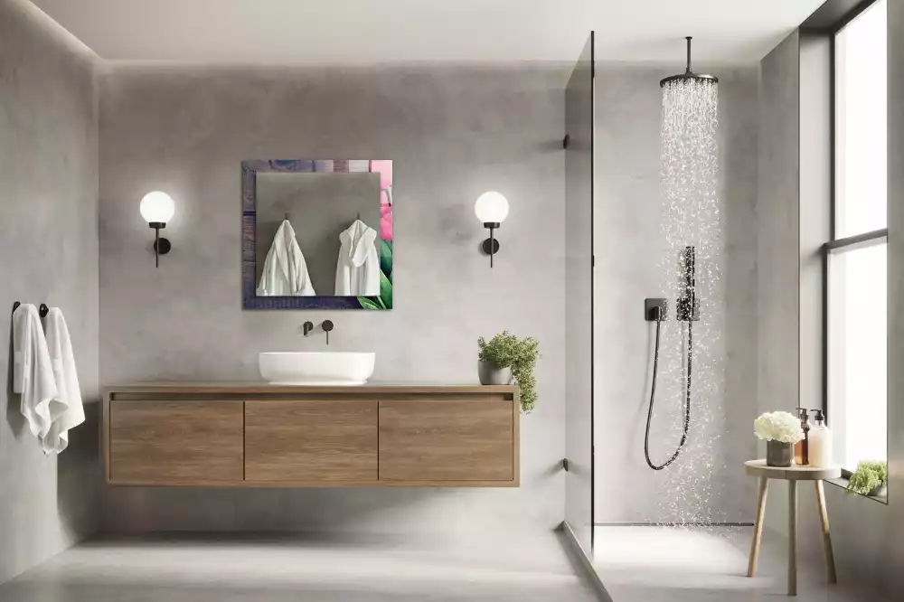 Miroir avec imprimé rectangulaire Tulipes roses bois