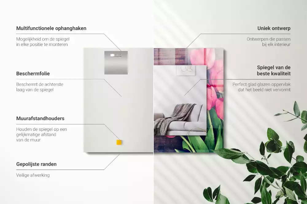 Miroir avec imprimé rectangulaire Tulipes roses bois