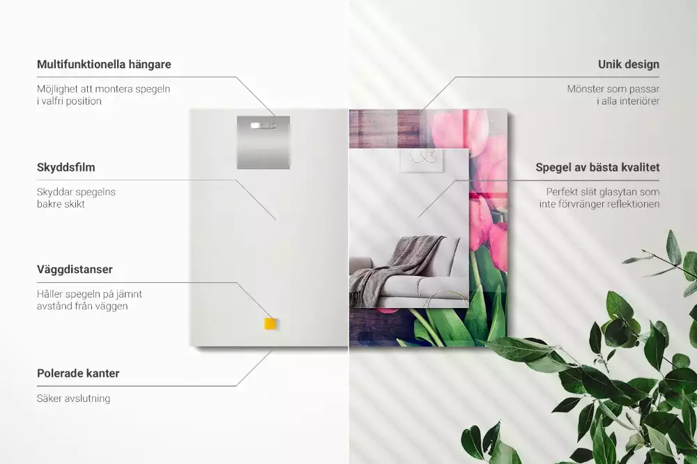 Miroir avec imprimé rectangulaire Tulipes roses bois