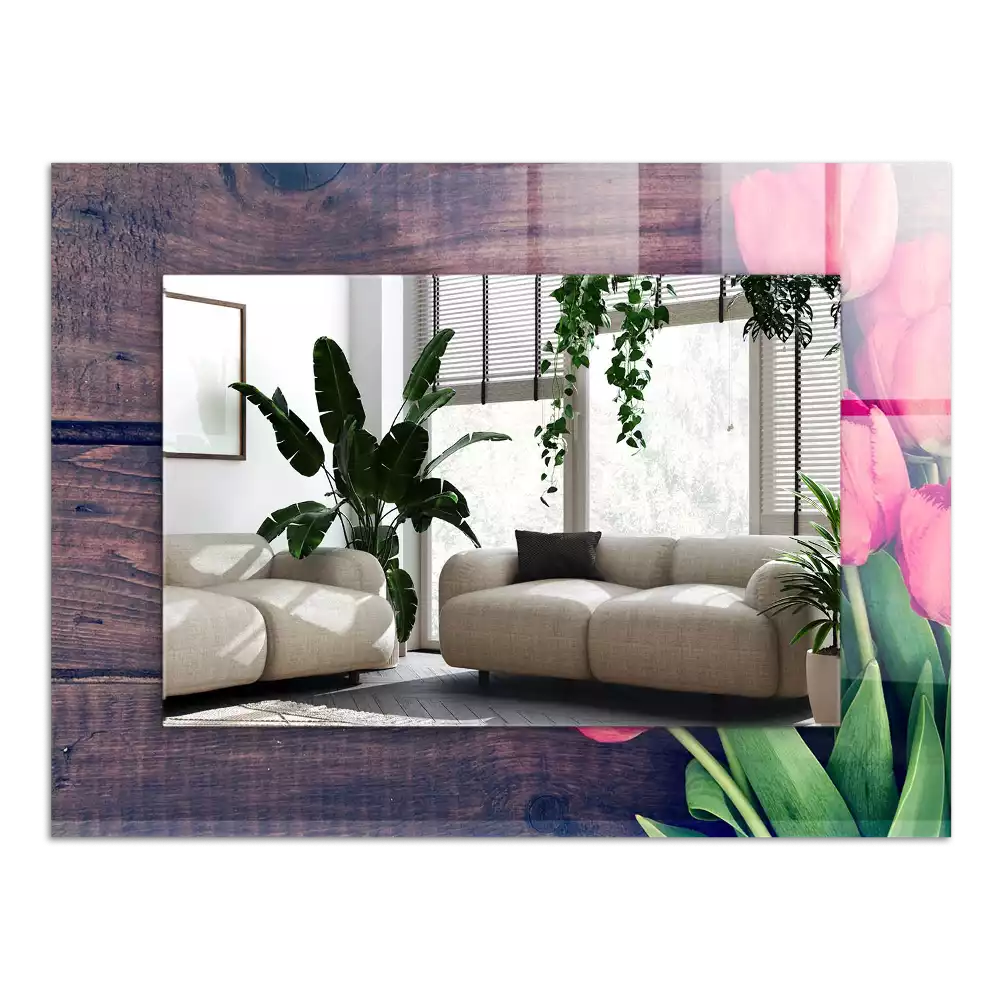 Miroir avec imprimé rectangulaire Tulipes roses bois