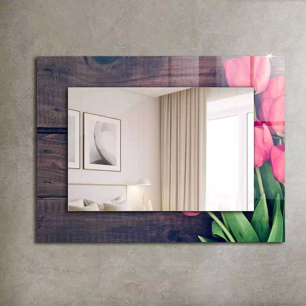 Miroir avec imprimé rectangulaire Tulipes roses bois