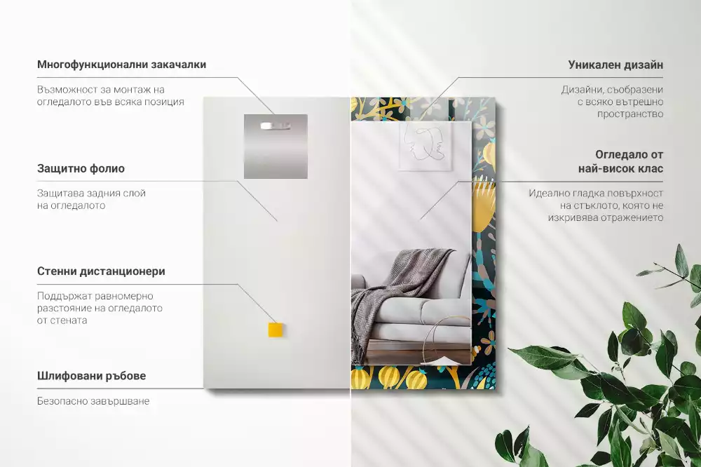 Miroir avec imprimé décoratif rectangulaire Motifs fleurs feuilles