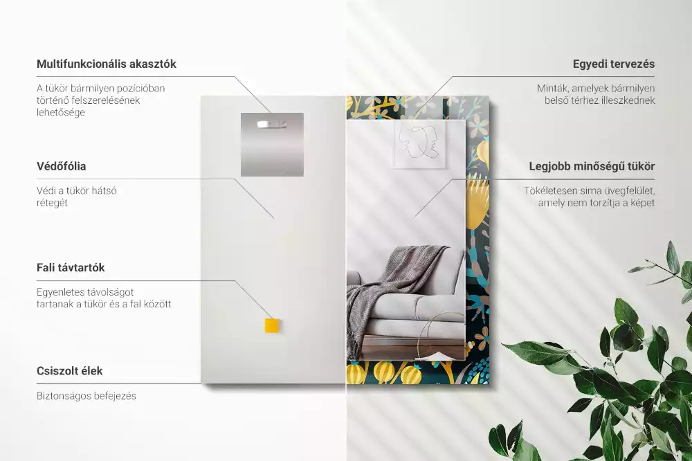 Miroir avec imprimé décoratif rectangulaire Motifs fleurs feuilles