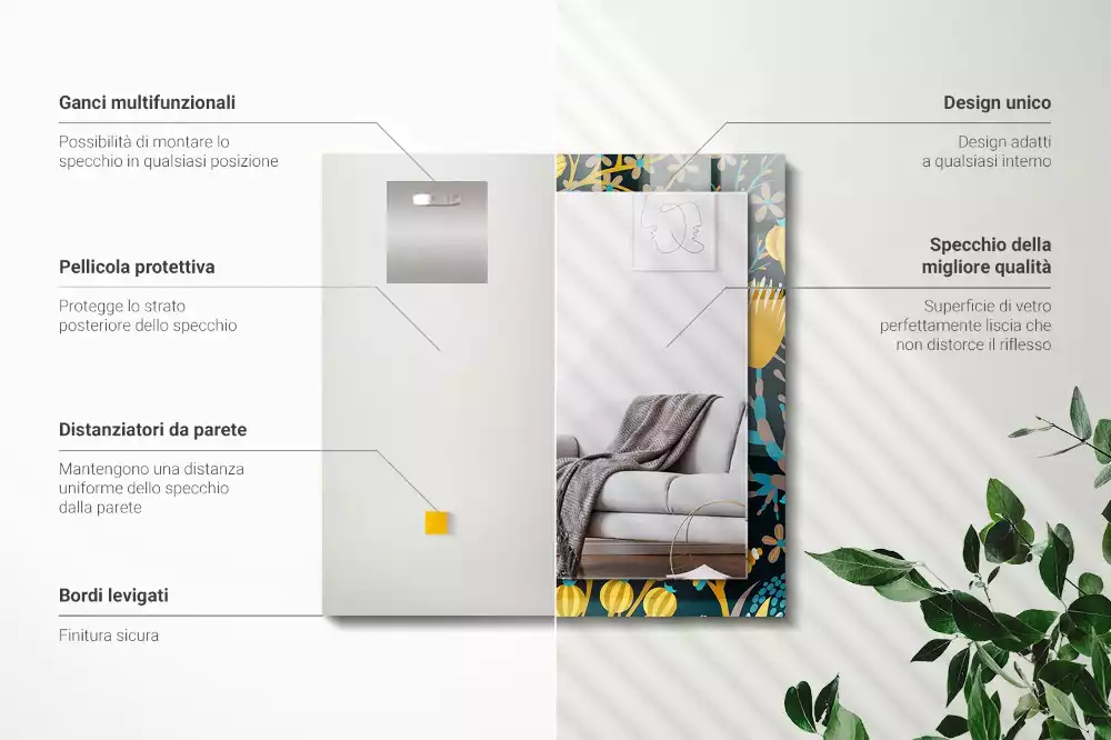 Miroir avec imprimé décoratif rectangulaire Motifs fleurs feuilles