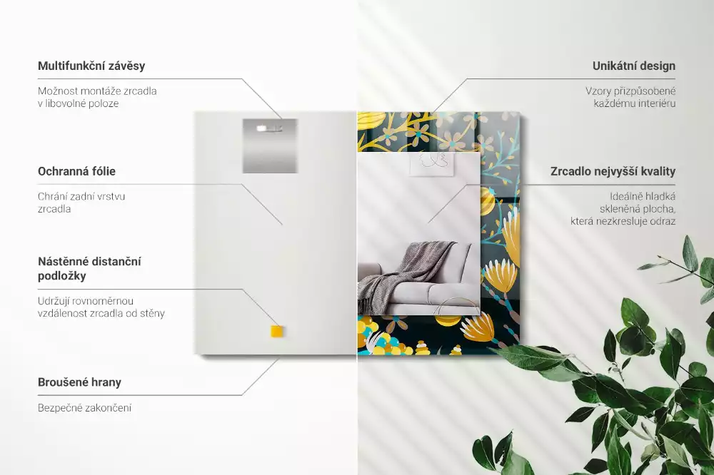 Miroir avec imprimé décoratif rectangulaire Motifs fleurs feuilles