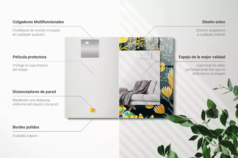 Miroir avec imprimé décoratif rectangulaire Motifs fleurs feuilles