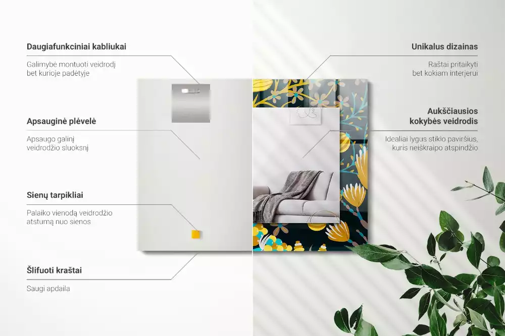 Miroir avec imprimé décoratif rectangulaire Motifs fleurs feuilles