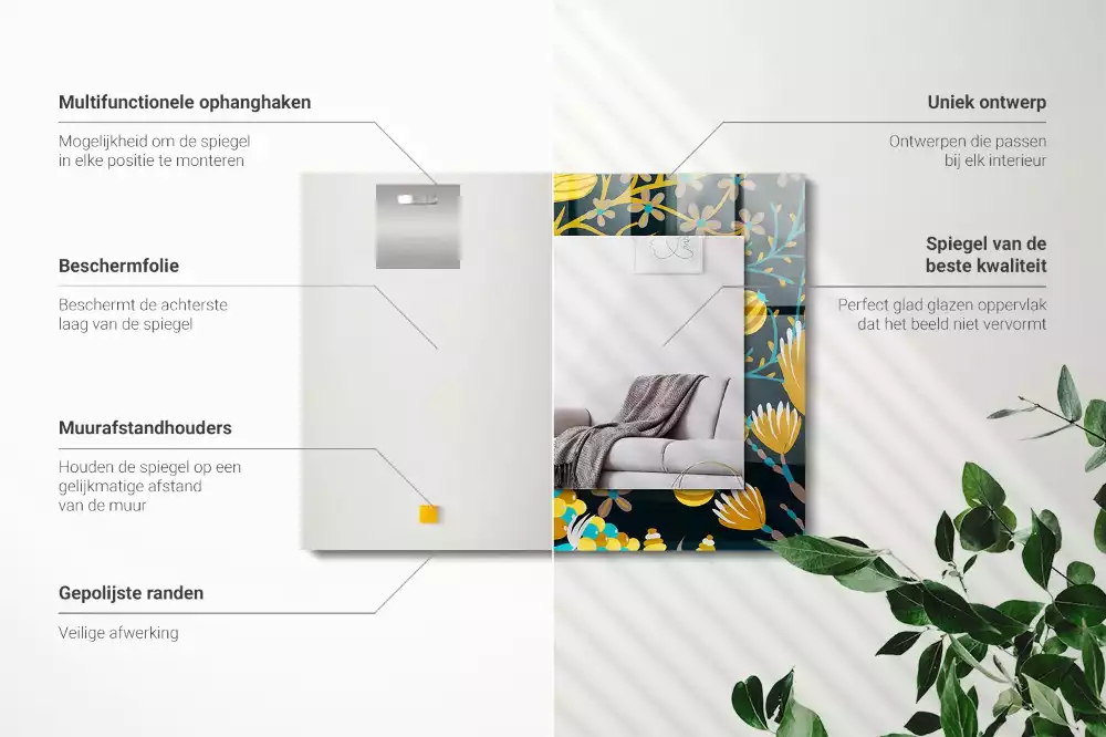 Miroir avec imprimé décoratif rectangulaire Motifs fleurs feuilles