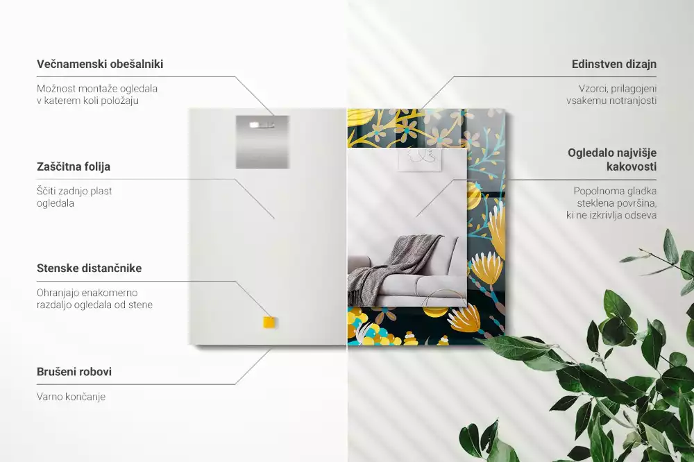 Miroir avec imprimé décoratif rectangulaire Motifs fleurs feuilles