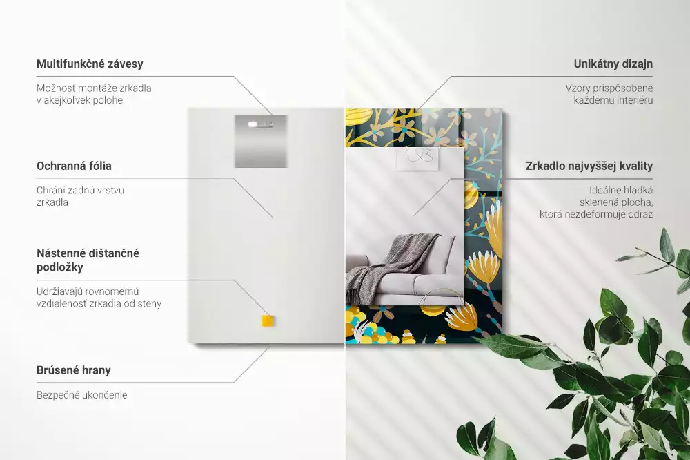 Miroir avec imprimé décoratif rectangulaire Motifs fleurs feuilles