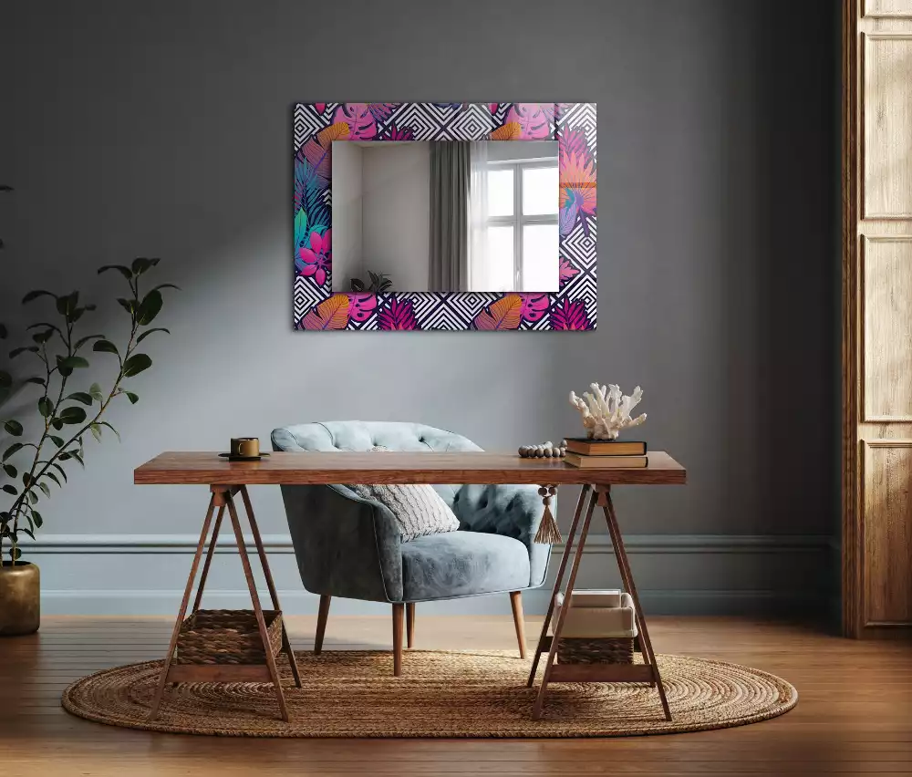 Miroir avec imprimé rectangulaire Feuilles tropicales colorées