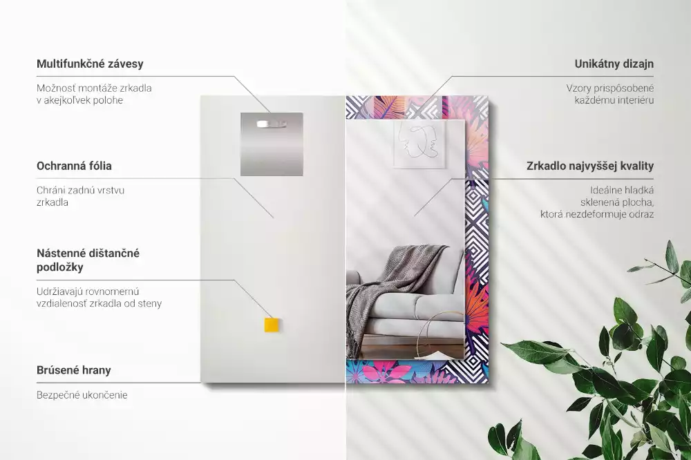 Miroir avec imprimé rectangulaire Feuilles tropicales colorées