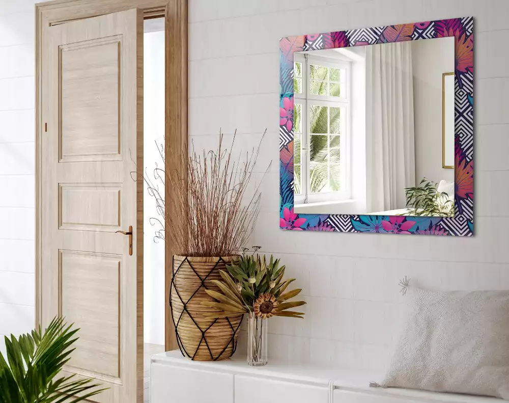Miroir avec imprimé rectangulaire Feuilles tropicales colorées