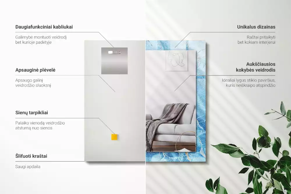 Miroir avec imprimé rectangulaire Motif marbre bleu