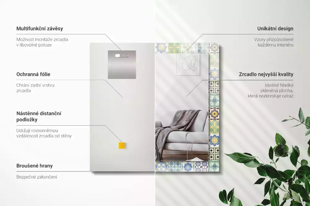 Miroir avec imprimé décoratif rectangulaire Motifs carrelés colorés