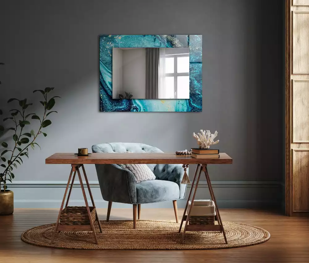 Miroir avec imprimé rectangulaire Art abstrait bleu