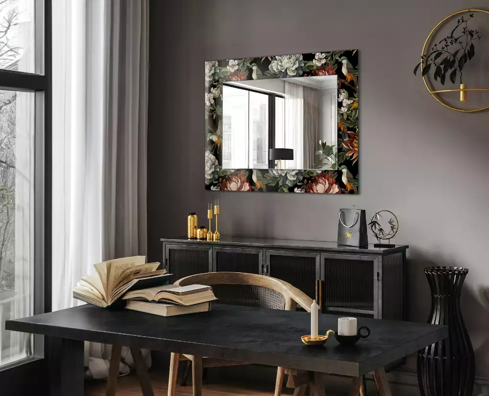 Miroir avec imprimé rectangulaire Fleurs et oiseaux