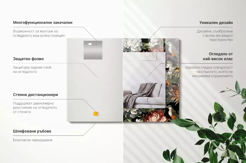 Miroir avec imprimé rectangulaire Fleurs et oiseaux