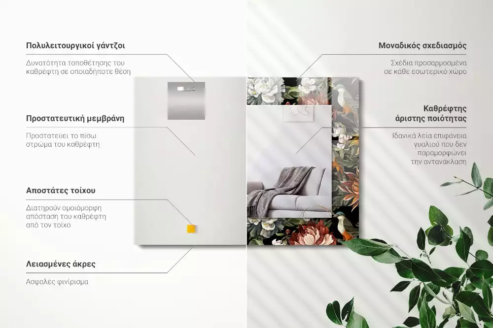 Miroir avec imprimé rectangulaire Fleurs et oiseaux