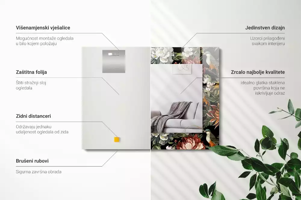 Miroir avec imprimé rectangulaire Fleurs et oiseaux